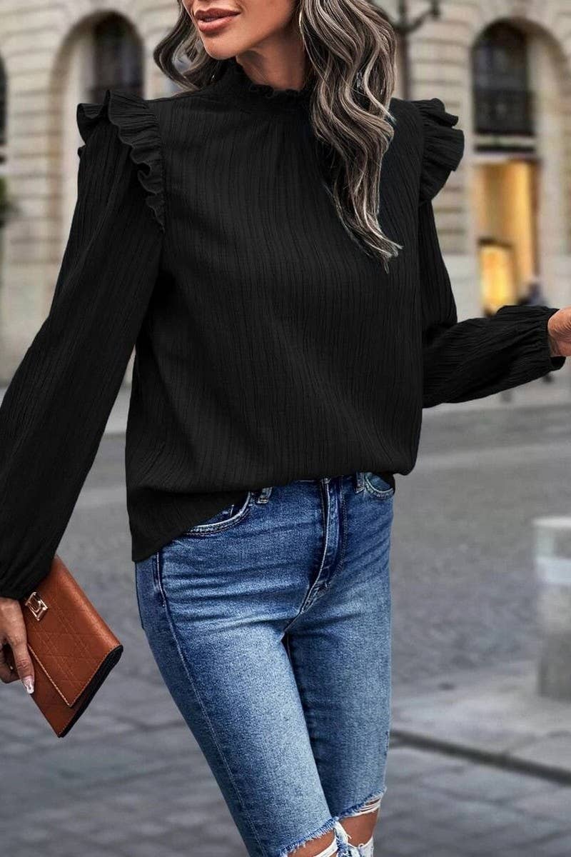CWTBLL2424_RUFFLED STAND COLLAR LANTERN SLEEVE TOP