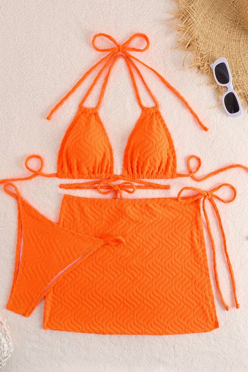 CWMW0873_SOLID COLOR BIKINI THREE PIECE SET