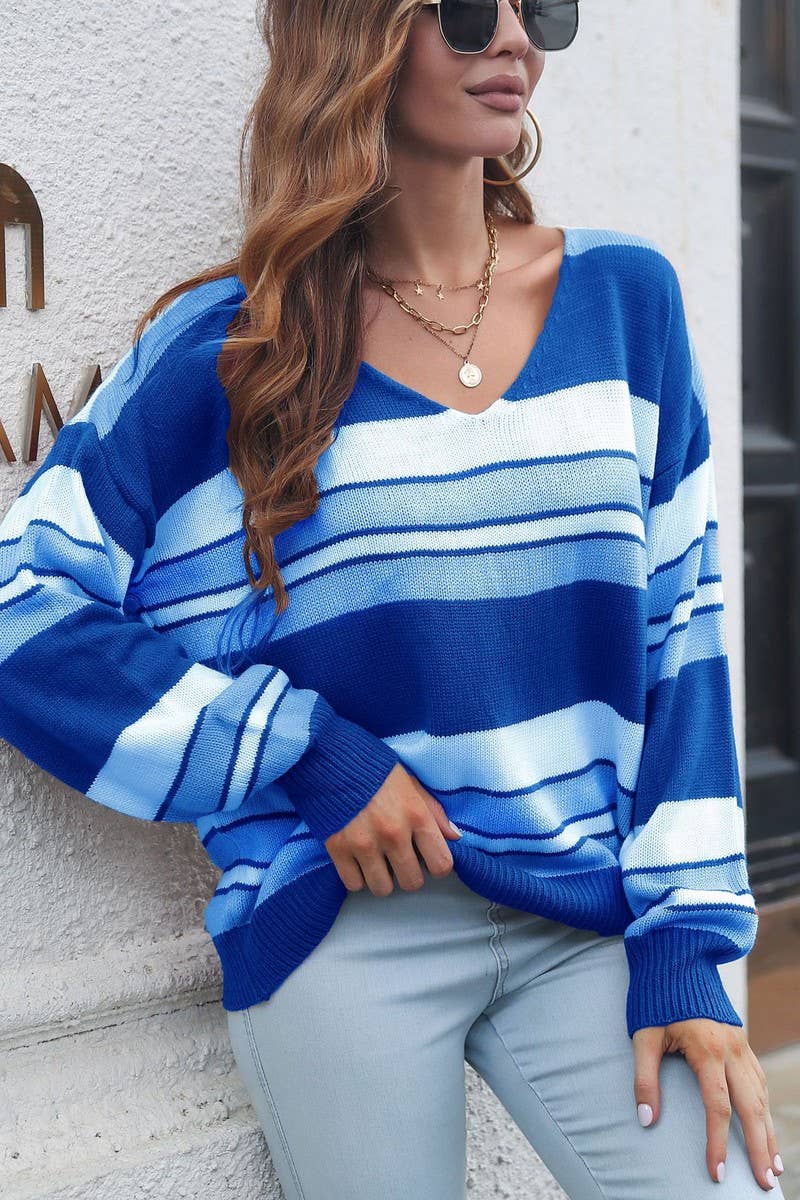CWOSWL4199_STRIPED GRADIENT V-NECK LONG SLEEVE SWEATER