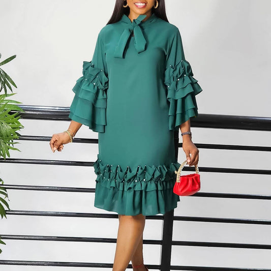 FASHIONABLE TIE-STRAP MULTI-LAYER RUFFLE DRESS