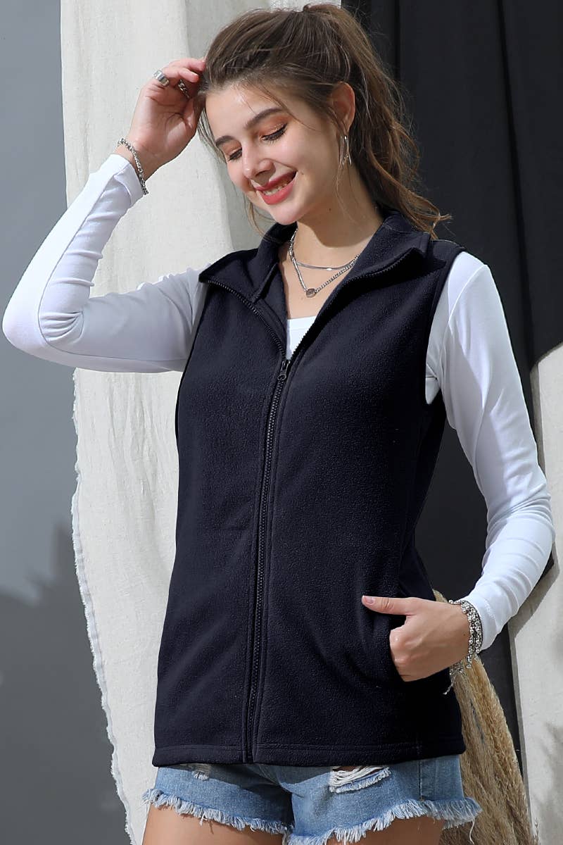 CWOV095_ZIP UP CASUAL FLEECE VEST JACKET WITH POCKTS