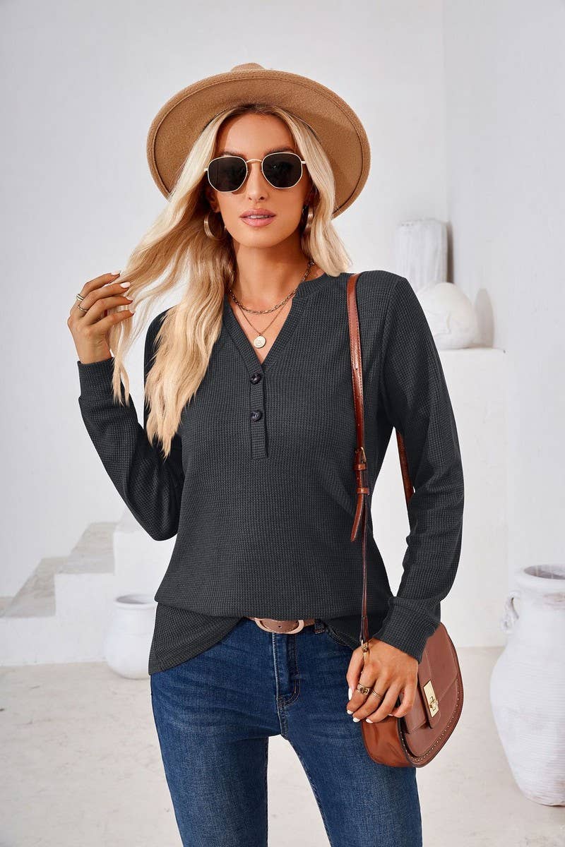 CWTBLL01312_V NECK BUTTON SOLID LONG SLEEVE LOOSE TEE