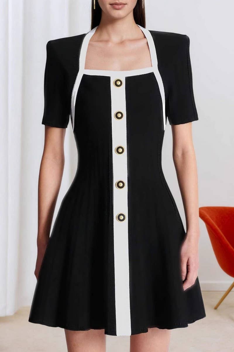 CWDSD8800Z_SQUARE NECK COLORBLOCK BUTTON FRONT DRESS
