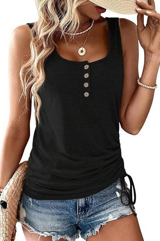CWTTK1126_SOLID U-NECK BUTTONED DRAWSTRING TANK TOP