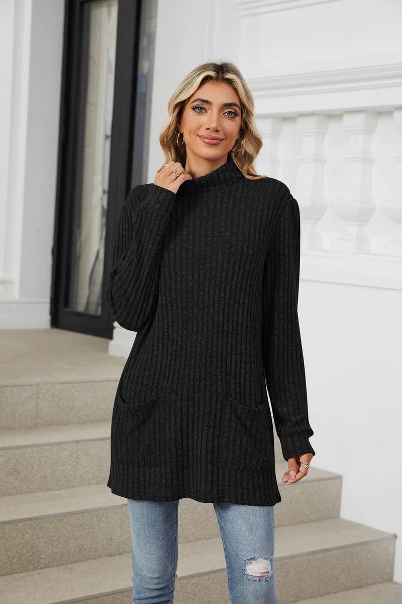CWTBLL1200_SOLID COLOR RIBBED HALF TURTLENECK POCKET TOP