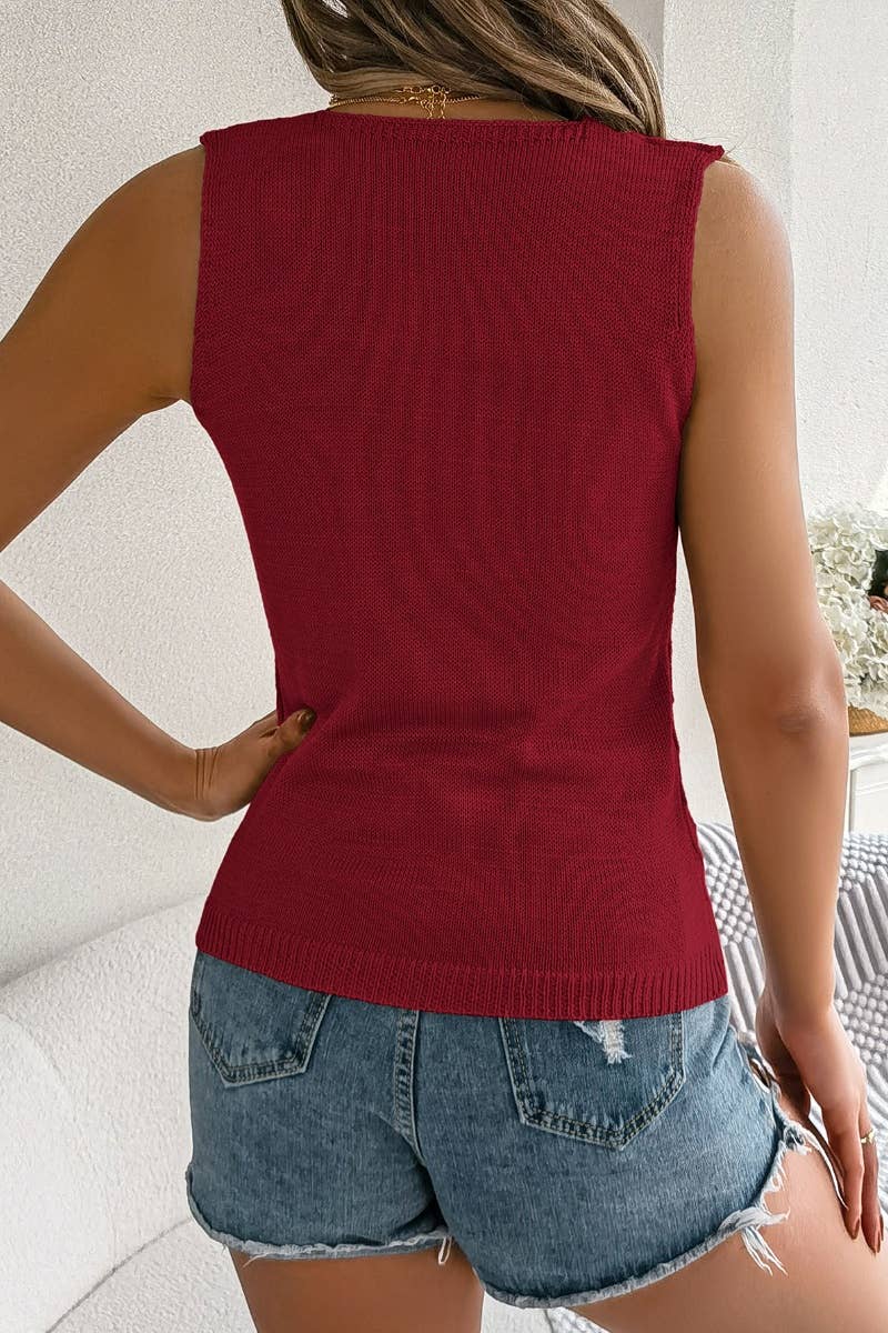 CWOV0293_KNIT BUTTON V-NECK HOLLOWED OUT SLEEVELESS TOP