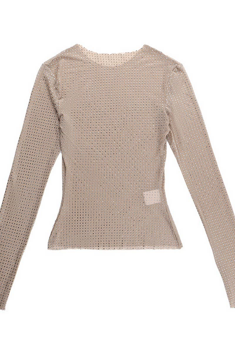CWTBLL3289_ROUND NECK RHINESTONE GLITTER LONG SLEEVE TOP