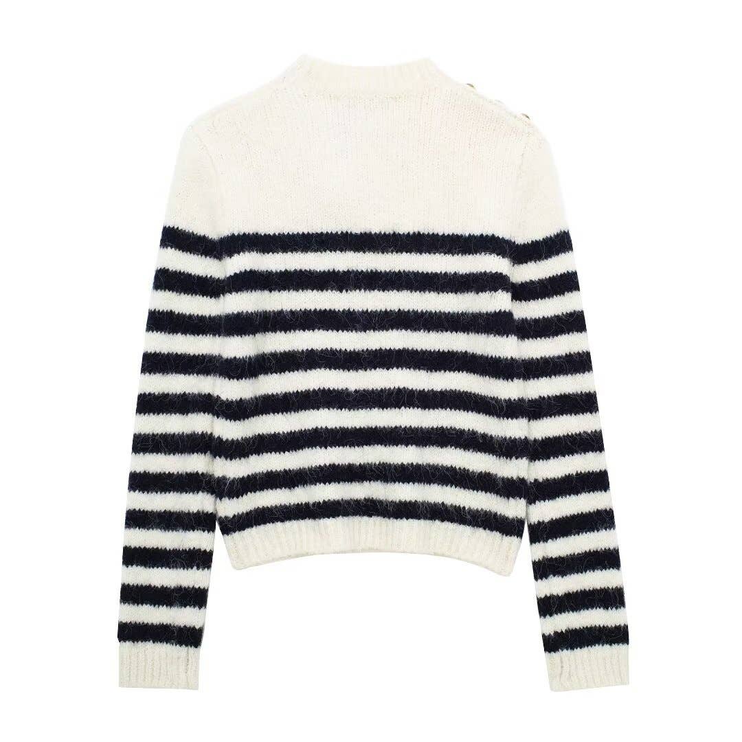 BUTTON TEMPERAMENT STRIPED CREW NECK SWEATER