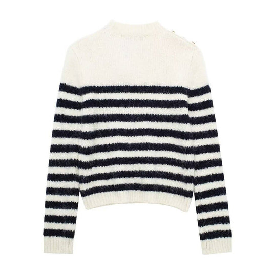BUTTON TEMPERAMENT STRIPED CREW NECK SWEATER