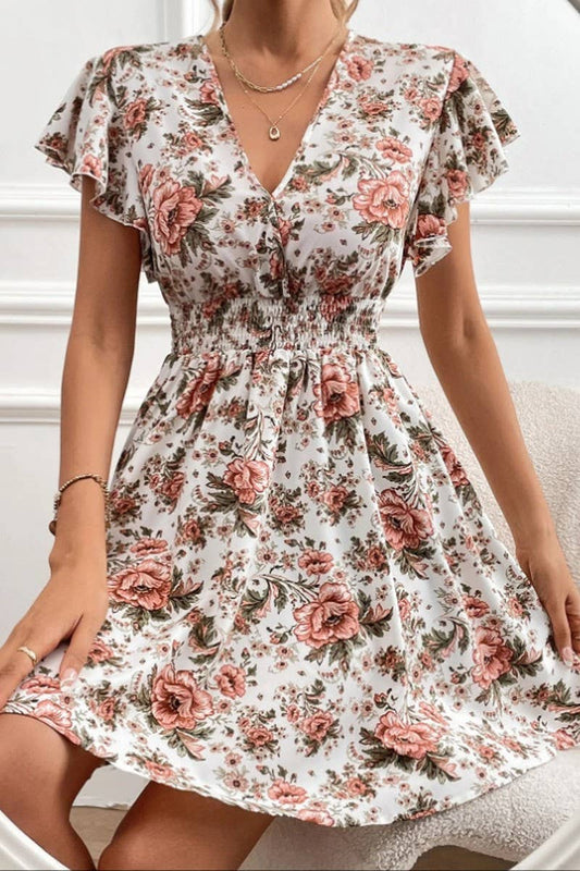 CWDSD8784_SUMMER LACE SLEEVE WAIST FLORAL DRESS