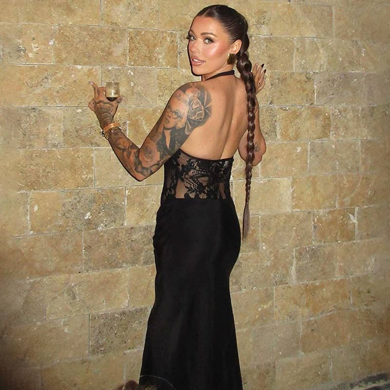 A halter lace cutout dress that covers buttocks