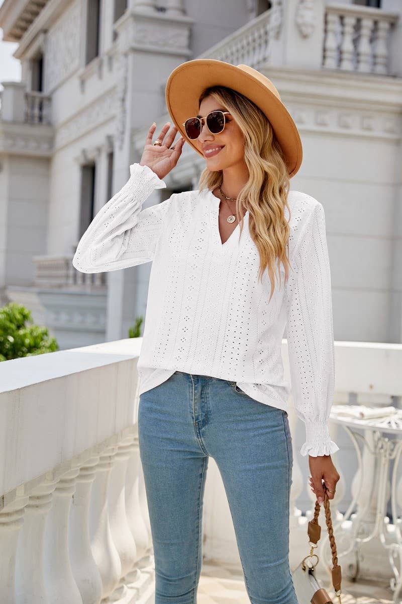 CWTBLL1848_V-NECK HOLLOW LOTUS LEAF SLEEVE LOOSE TOP