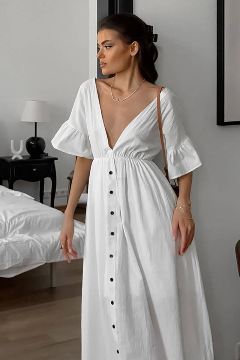 CWSPJ0201_COTTON AND LINEN TRUMPET SLEEVE HOME NIGHTDRESS