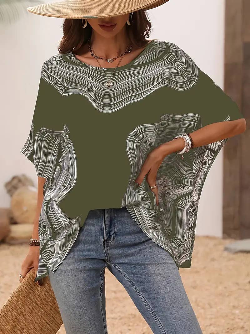 Casual printed V-neck loose batsleeve top