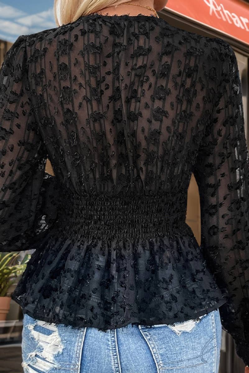 CWTBLL2930_WAIST LONG SLEEVE GAUZE SEE-THROUGH TOP