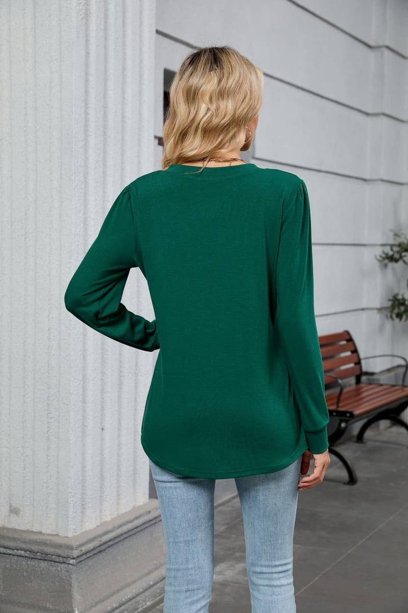 CWTBLL01306_V NECK RIBBED SOLID LONG SLEEVE CASUAL TEE