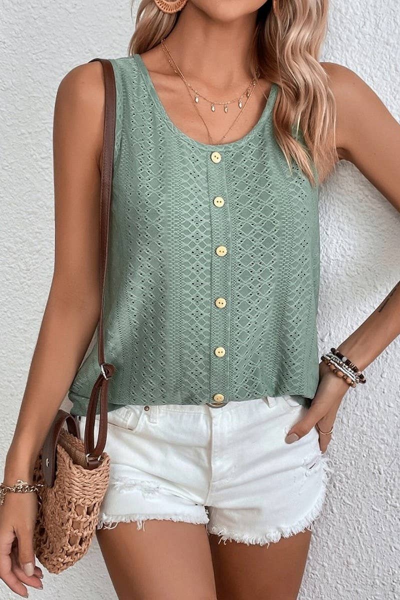 CWTBLSL0647_CASUAL ROUND NECK BUTTON LOOSE SLEEVELESS VEST