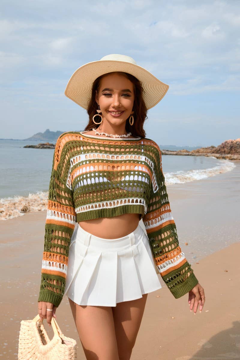 CUT OUT STRIPED PATCHWORK SEXY BIKINI BEACH SMOCK_CWTBLL0665