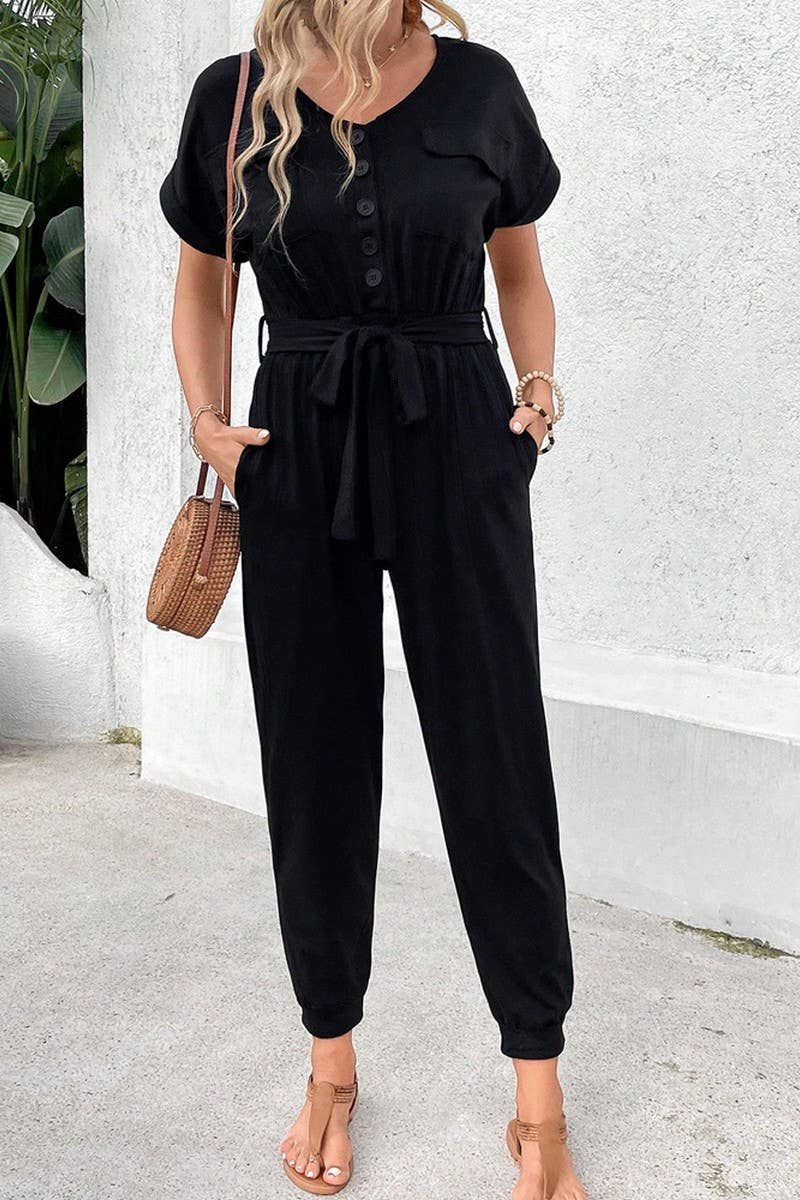 CWSJS1322_SUMMER CASUAL SHORT-SLEEVED BLACK JUMPSUIT