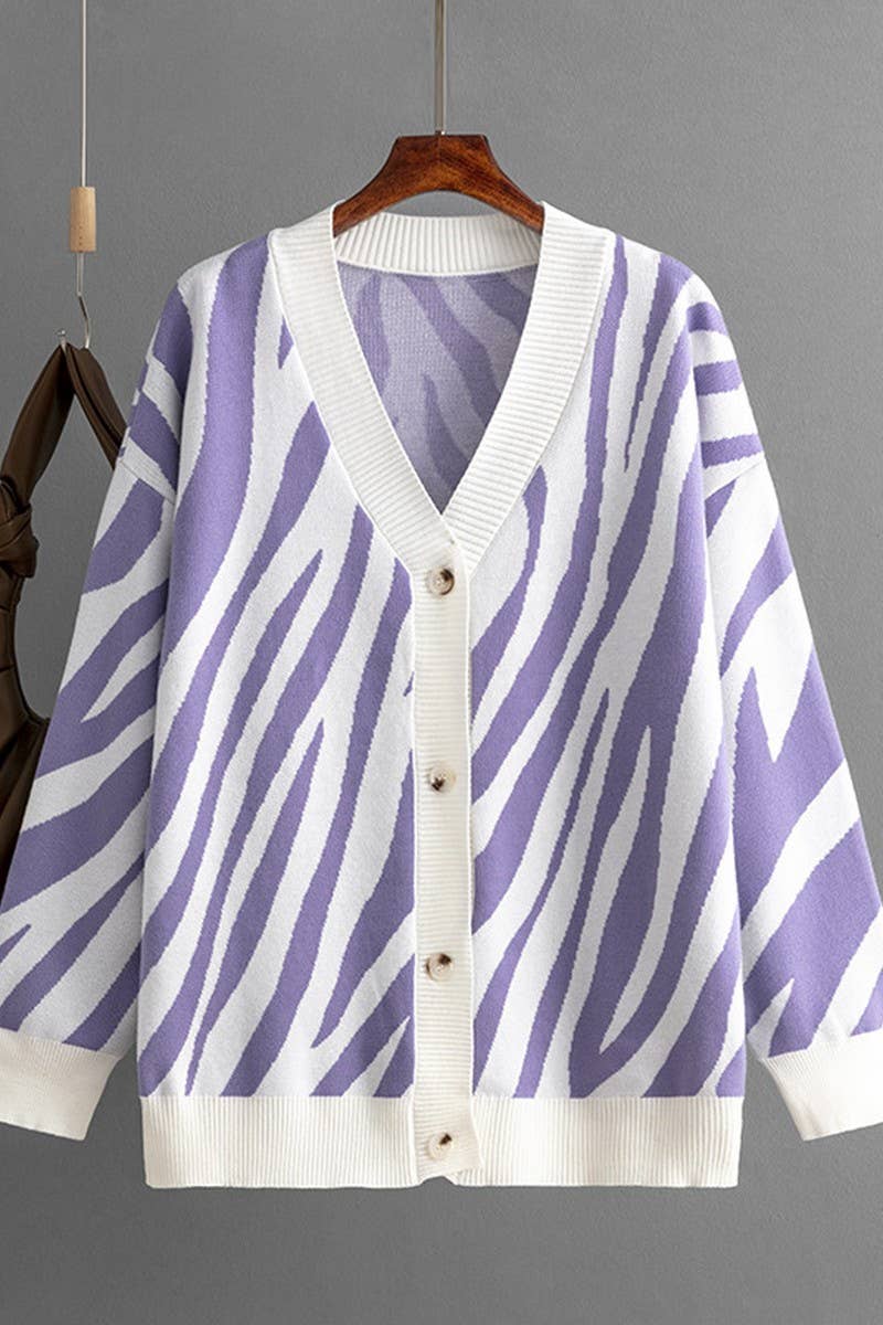 CWOCAL00673_SINGLE BUTTON STRIPED KNIT CARDIGAN