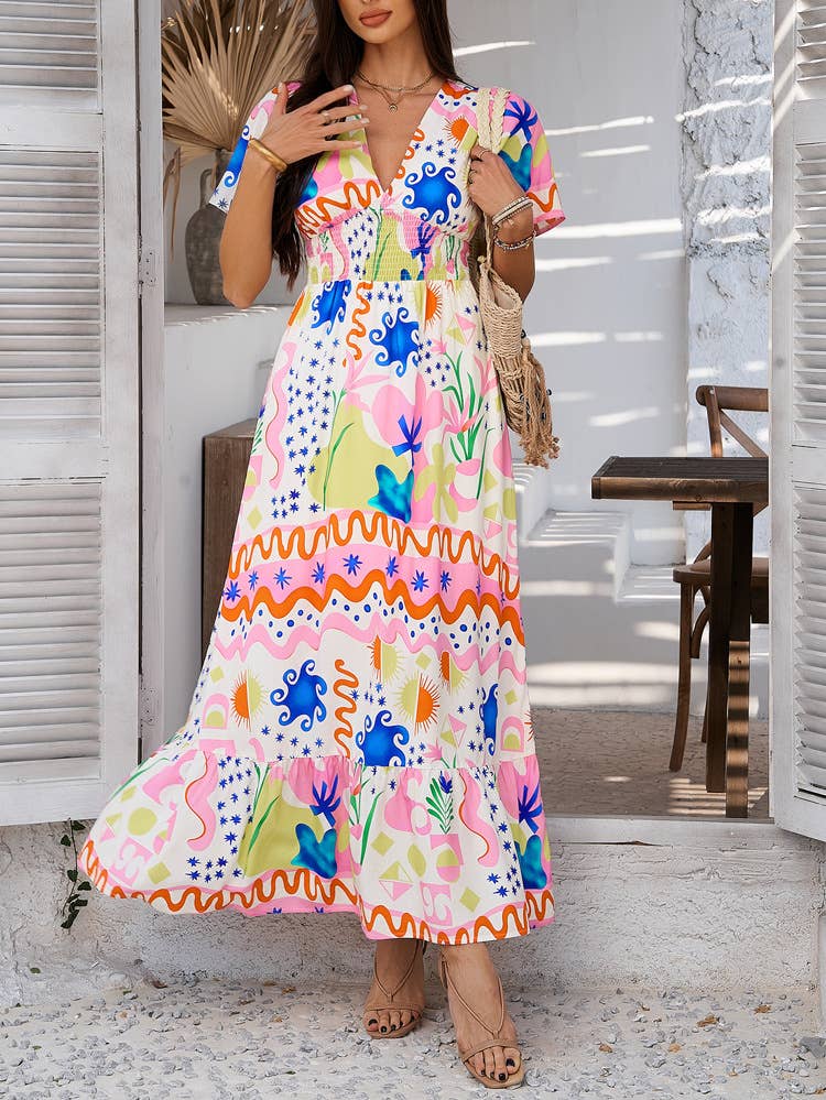 Bohemian Floral V-Neck High-Waist Dress