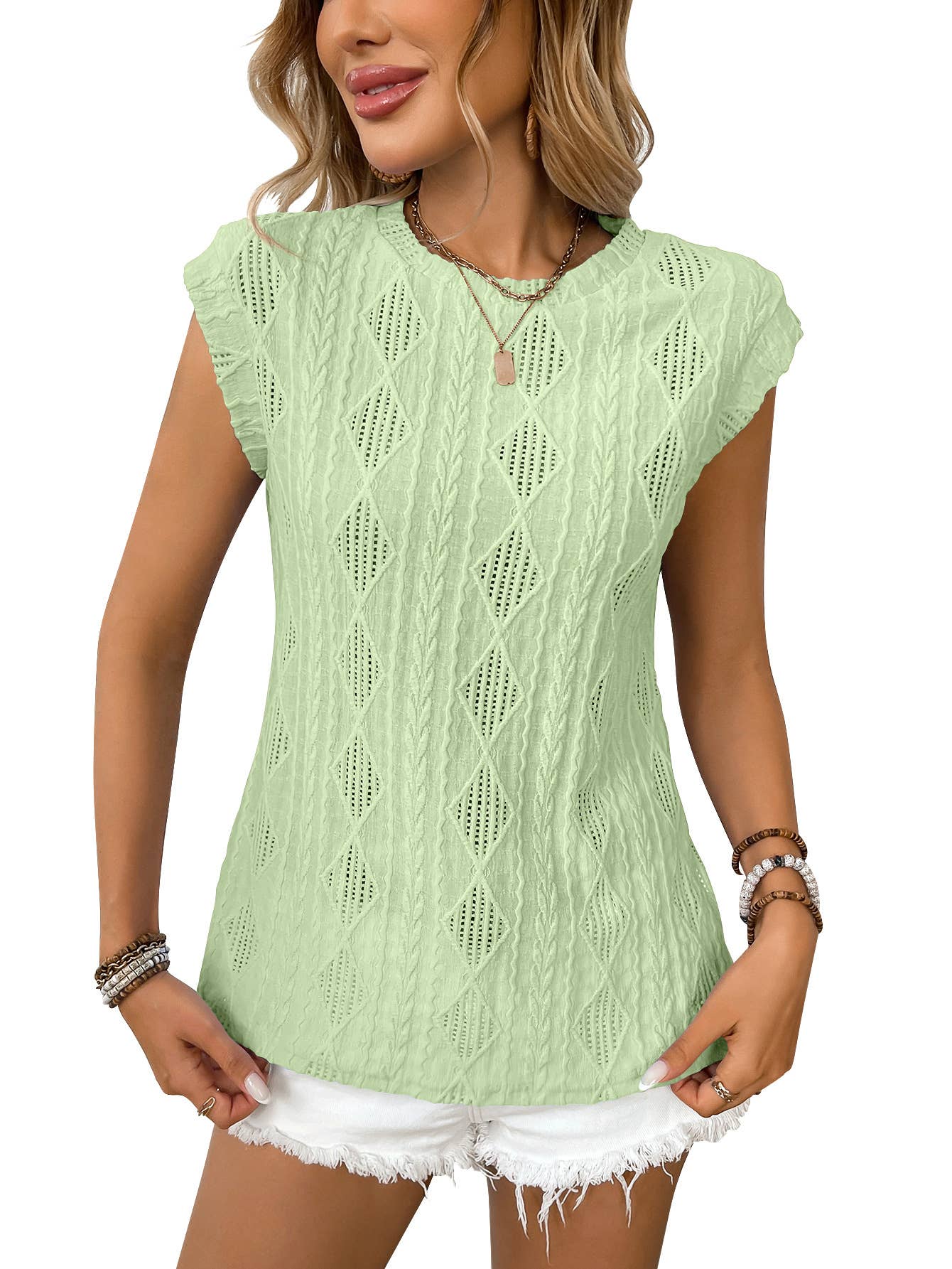 Crew-neck jacquard short sleeve baggy tank top