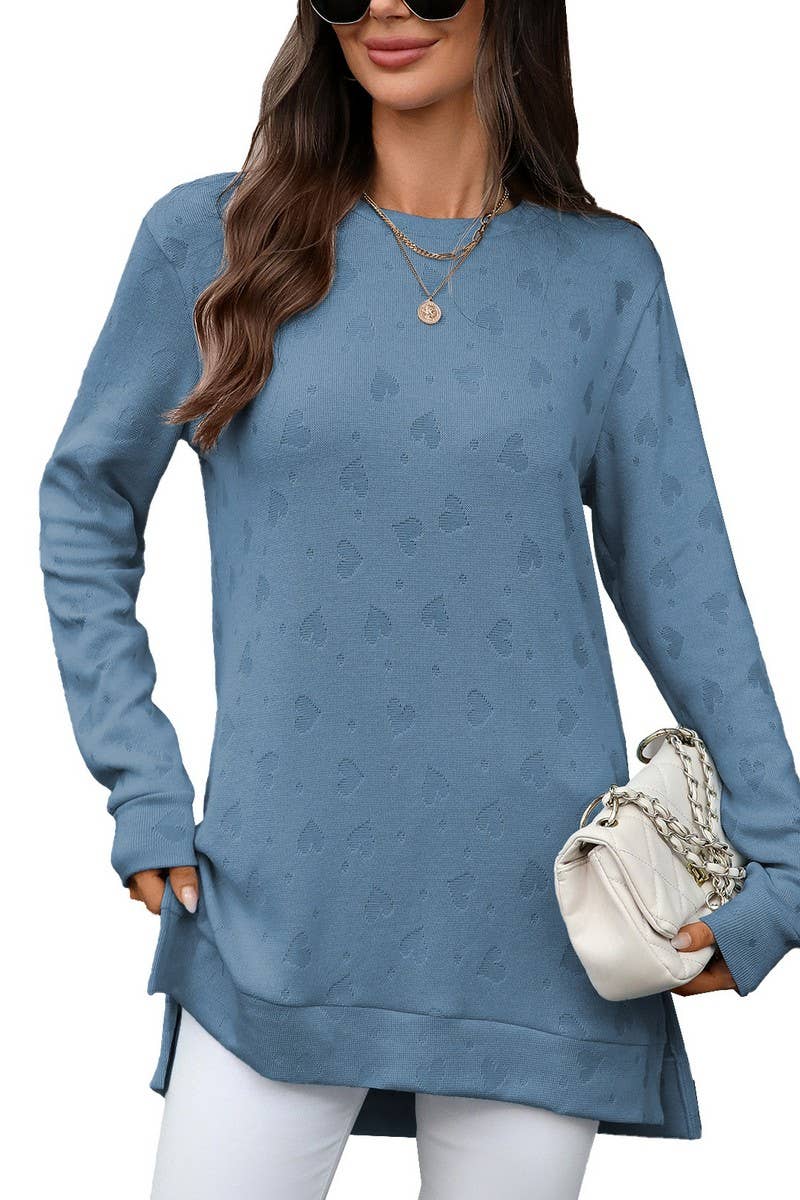 CWTBLL01288_ROUND NECK LONG SLEEVE SLIT SOLID COLOR TOP