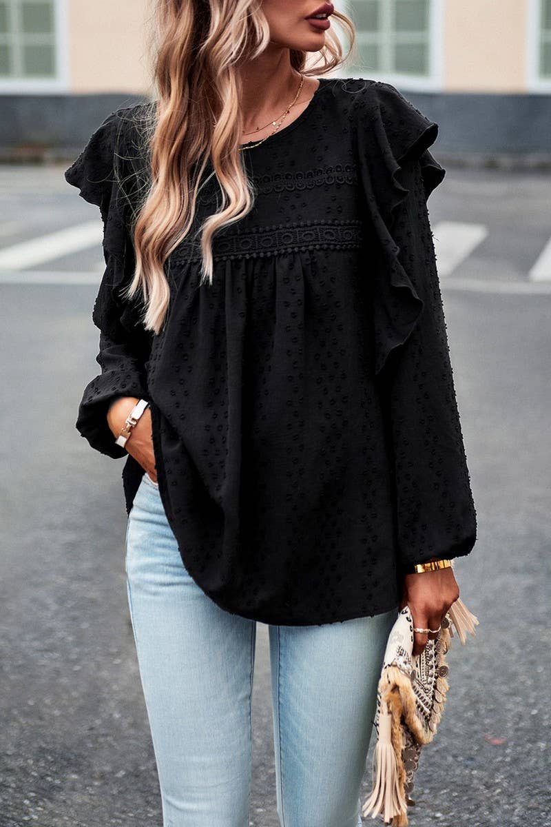 CWTBLL0390_Round neck Long Sleeve Ruffle Detailed Blouse