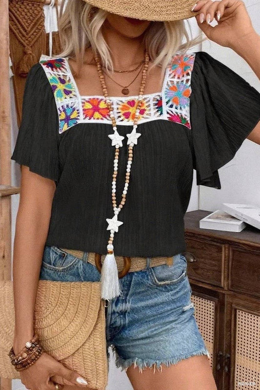 CWTBLS2267_CROCHET EYELET SQUARE NECK LACE TRIM SHIRT