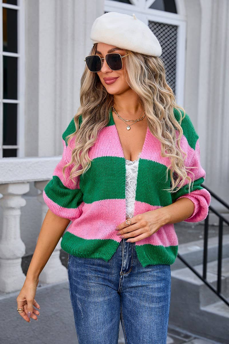 CWOCAL0918_LOOSE COLORBLOCK KNIT CARDIGAN SWEATER