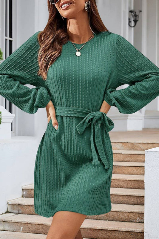 CWDSD7222_NEW STYLE CABLE KNITTED PUFF SLEEVE CASUAL DRESS