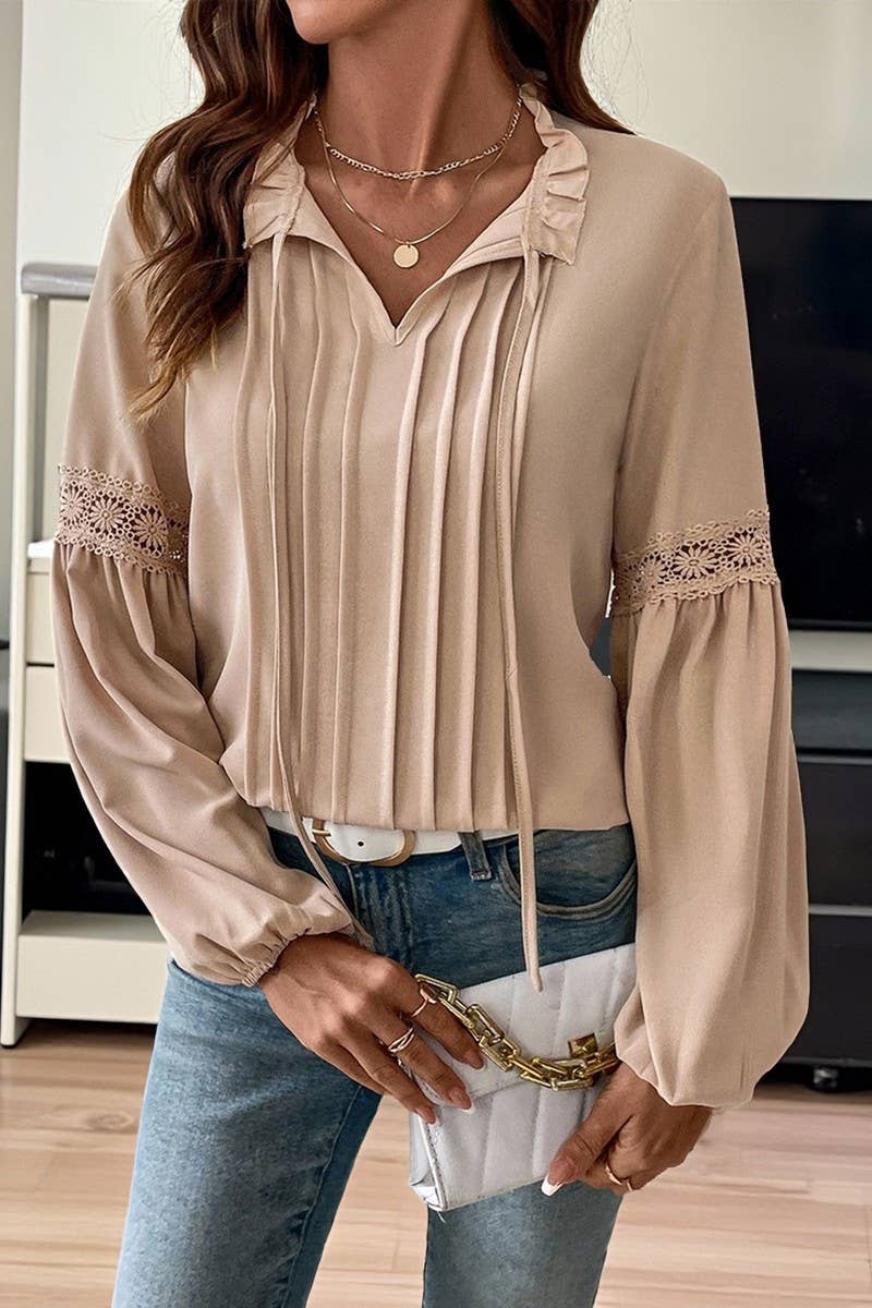 CWTBLL00727_LACE V NECK LONG SLEEVE SOLID PLEATED BLOUSE