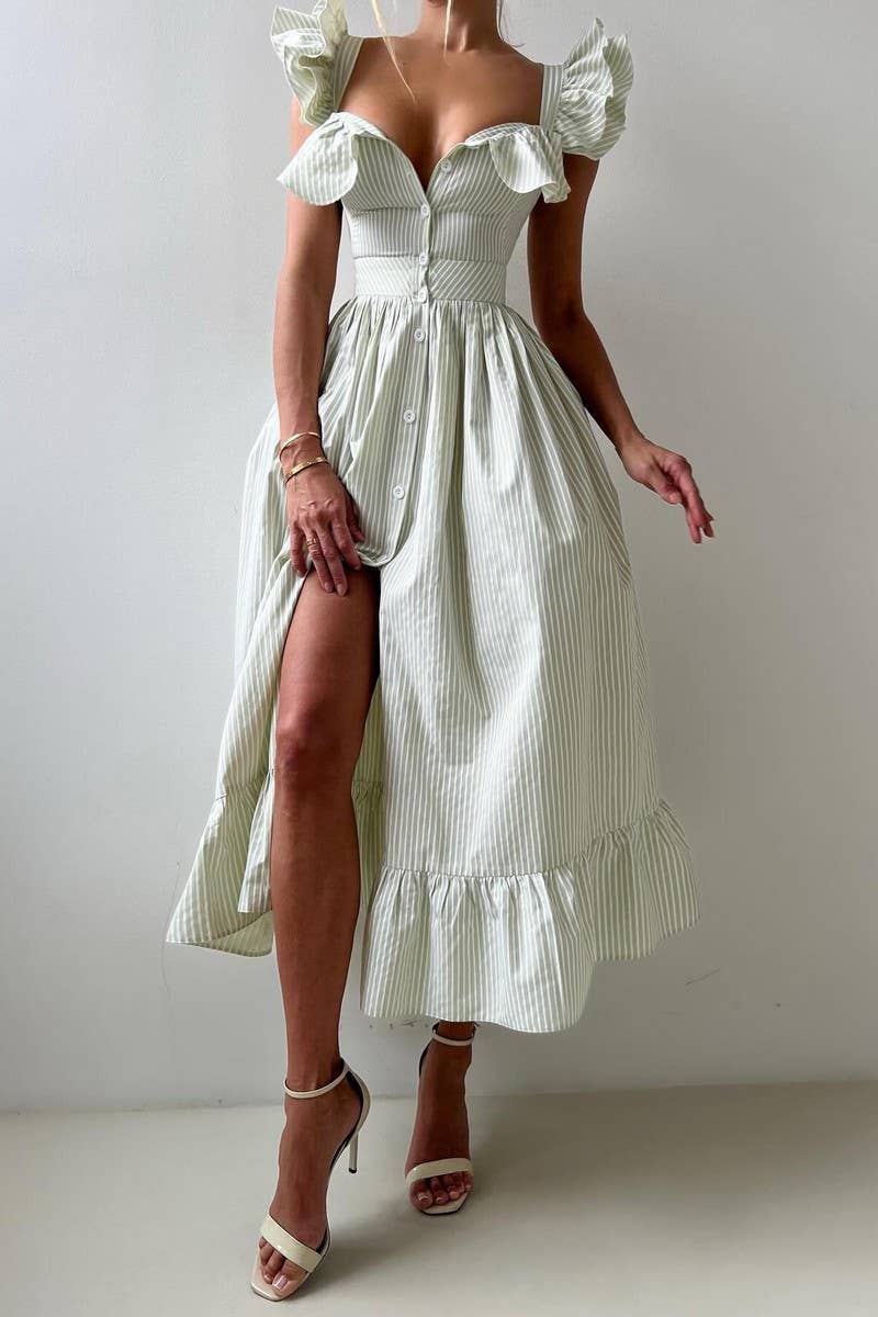 CWDHL1048_TEMPERAMENTAL COMMUTER STYLE RUFFLE STRIPED DRESS