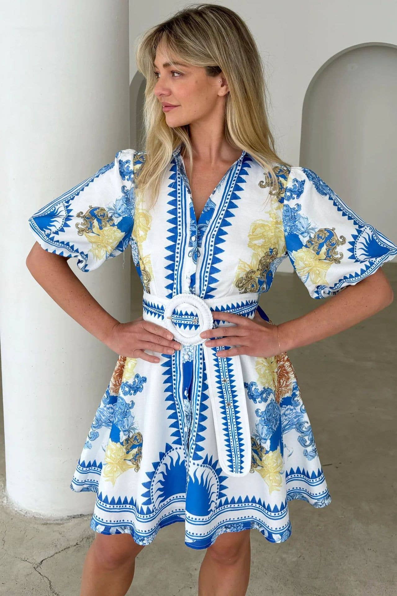 Casual fashion printed V-neck short waist dress