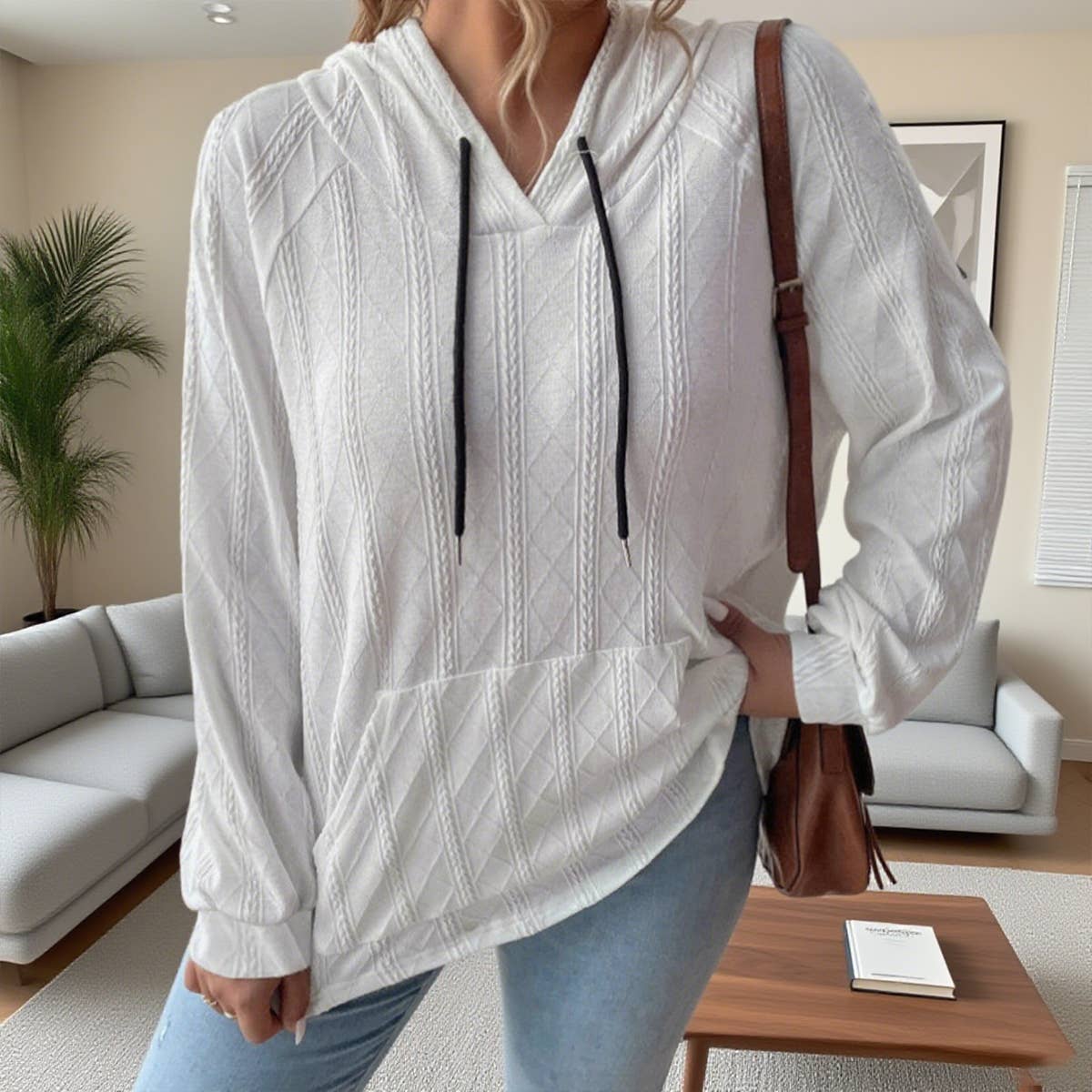 Casual jacquard patch loose hooded sweatshirt