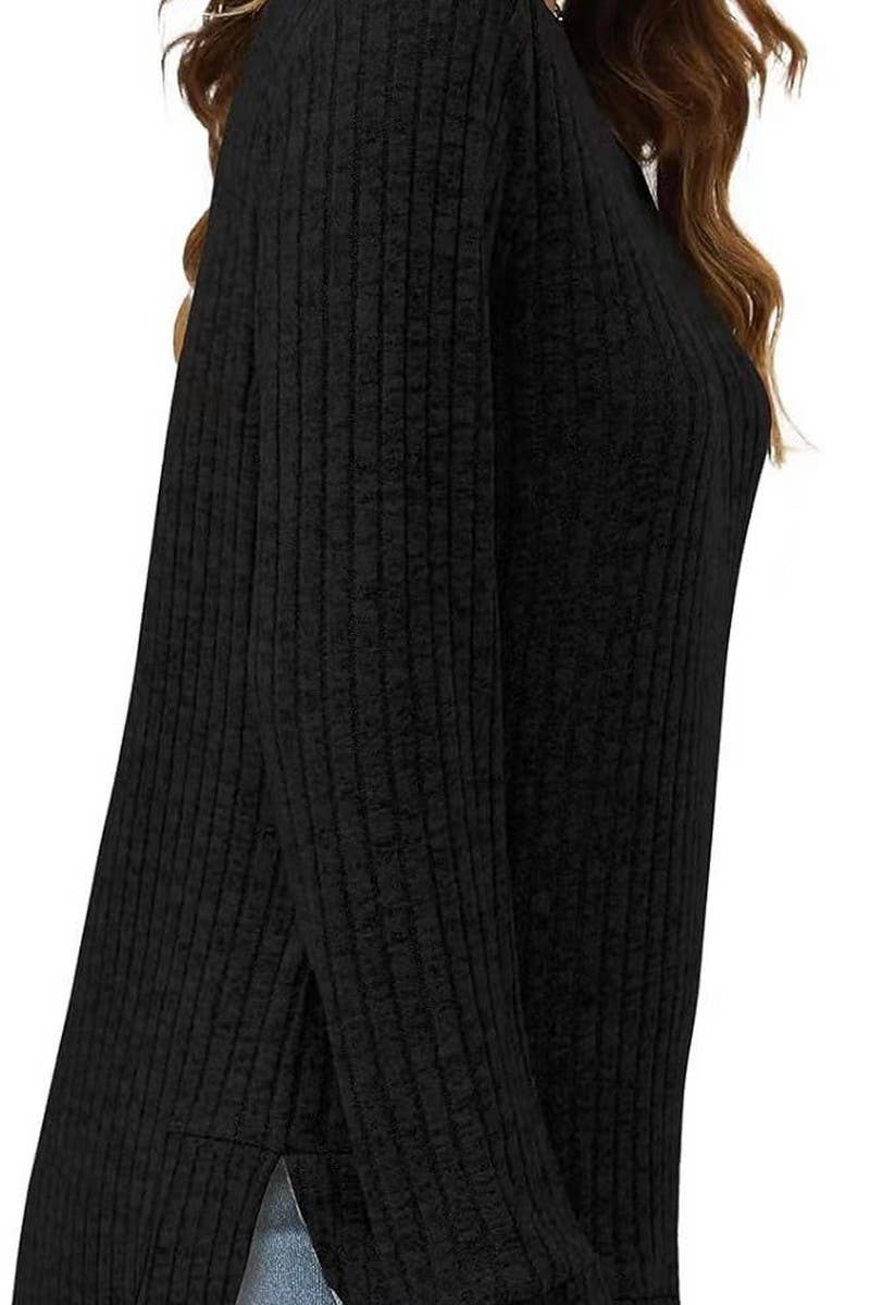 CWTBLL2383_ROUND NECK LONG SLEEVE SLIT SWALLOWTAIL TOP