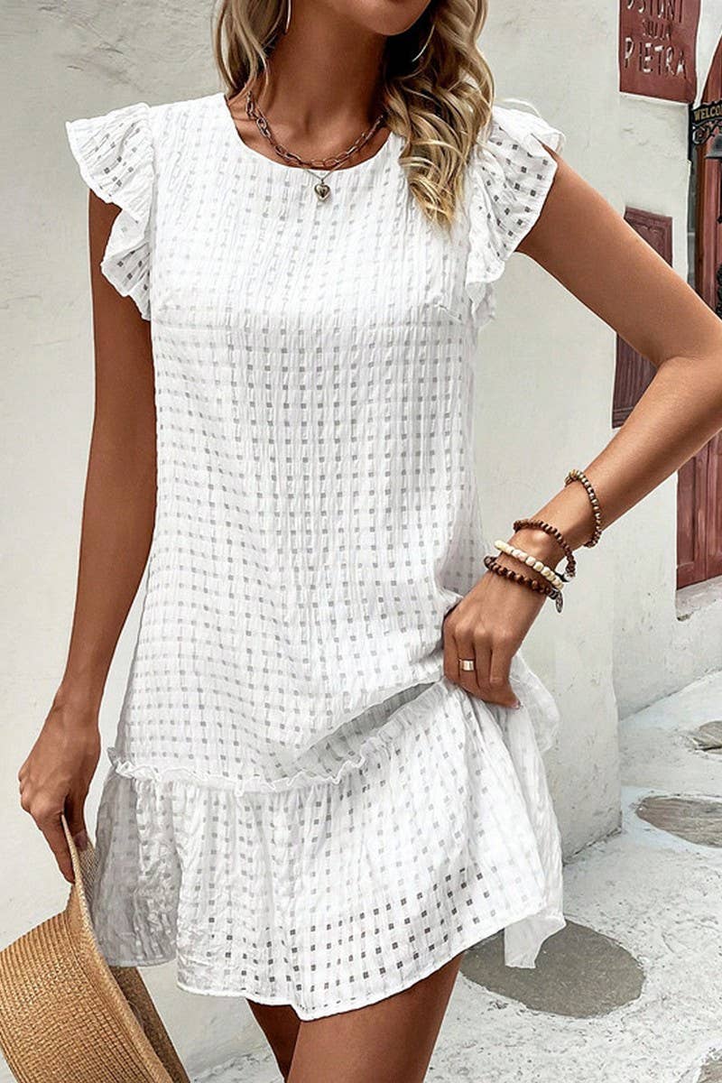 CWDSD8224_CASUAL SOLID COLOR RUFFLED SHORT-SLEEVED DRESS