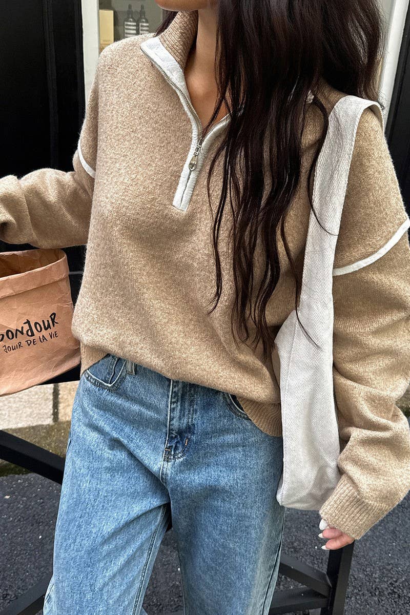 CWOSWL07487_CASUAL SIMPLE SOLID LONG SLEEVE ZIP SWEATER