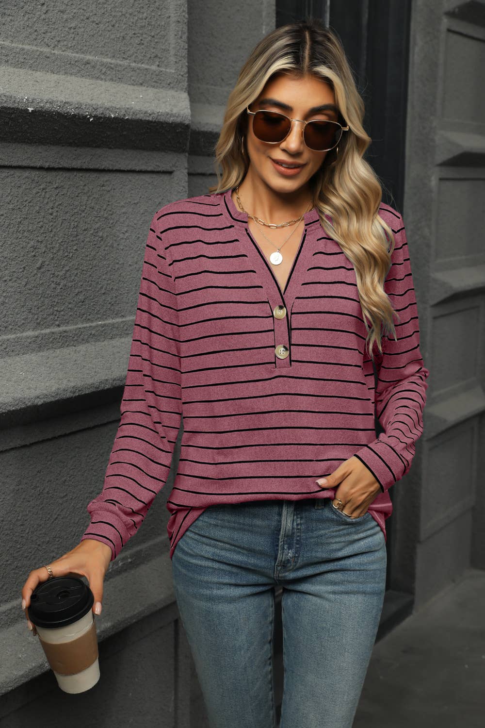 CASUAL STRIPED WOOLEN BUTTON LOOSE T-SHIRT