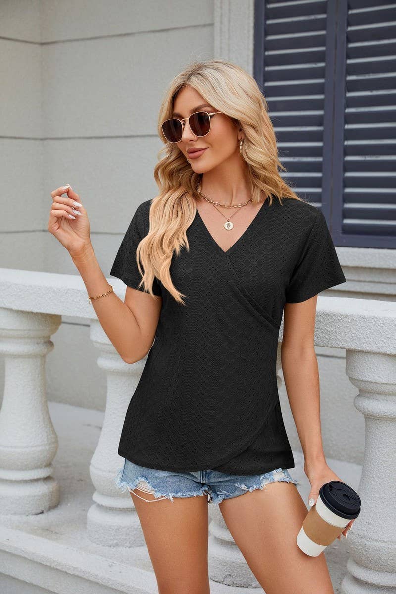 CWTTS0847_V-Neck Short Sleeve Knit Top