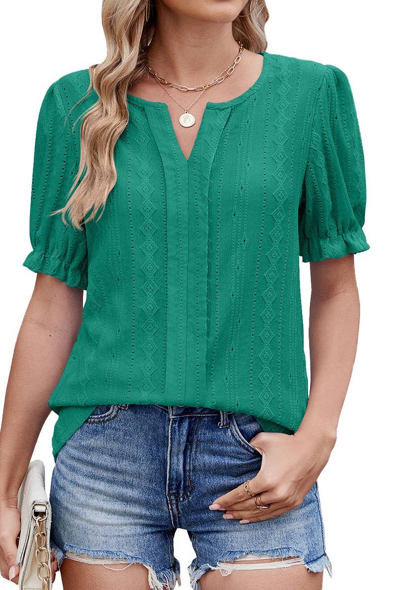 CWTBLS2276_V-NECK RUFFLE SLEEVE SOLID CASUAL T-SHIRT TOP