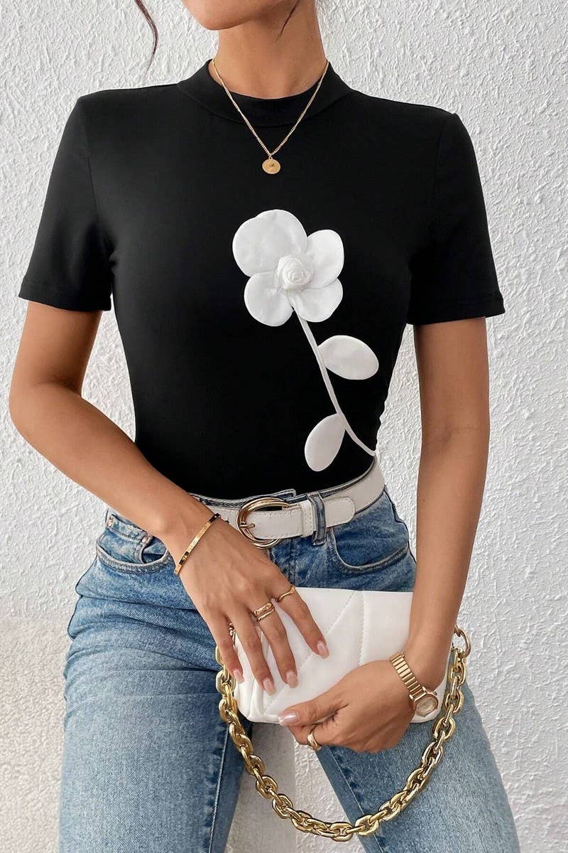 CWTTS1453_COLORBLOCK 3D FLORAL EMBROIDERED SLIM TEE