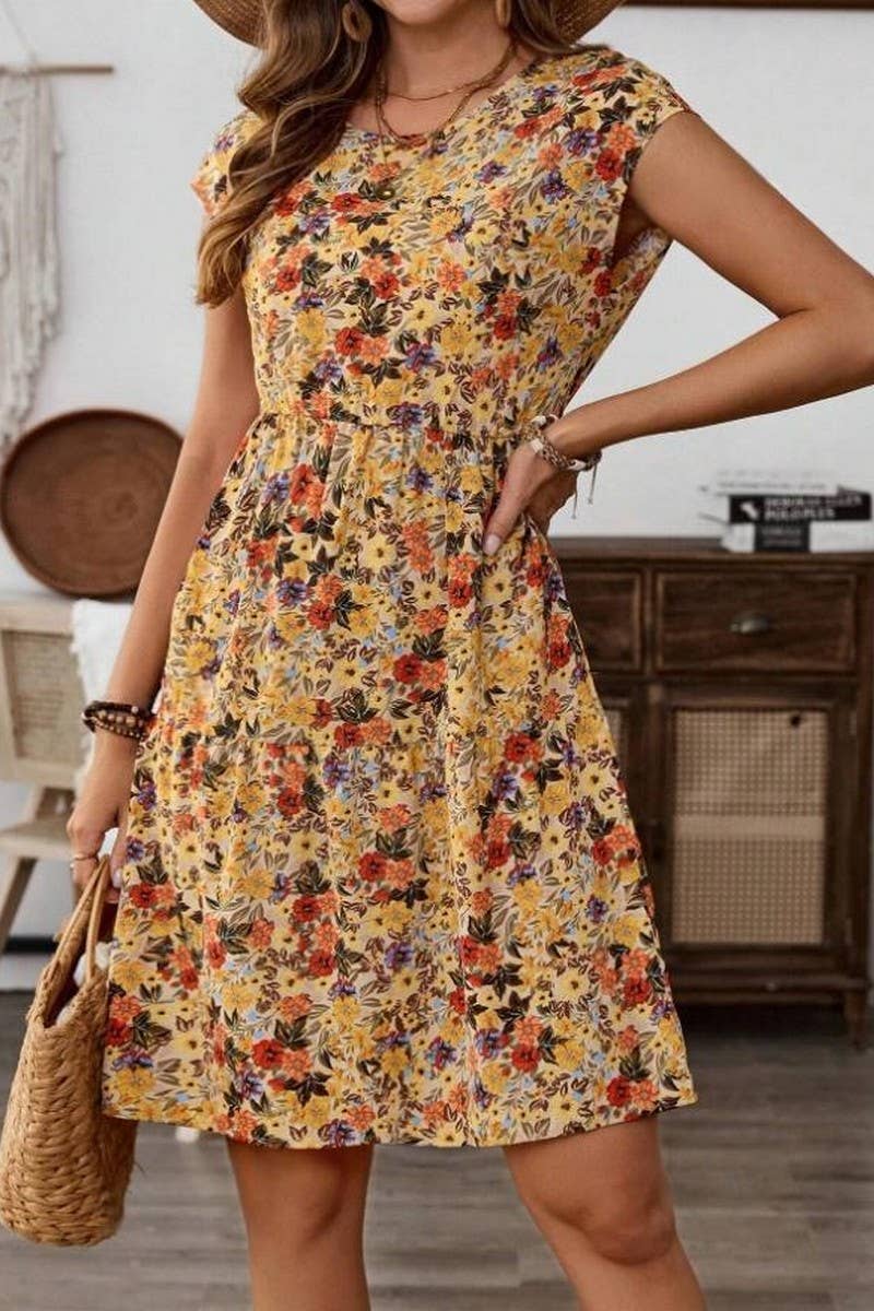 CWDSD8379_PRINTED ELASTIC WAIST SHORT SLEEVE DRESS