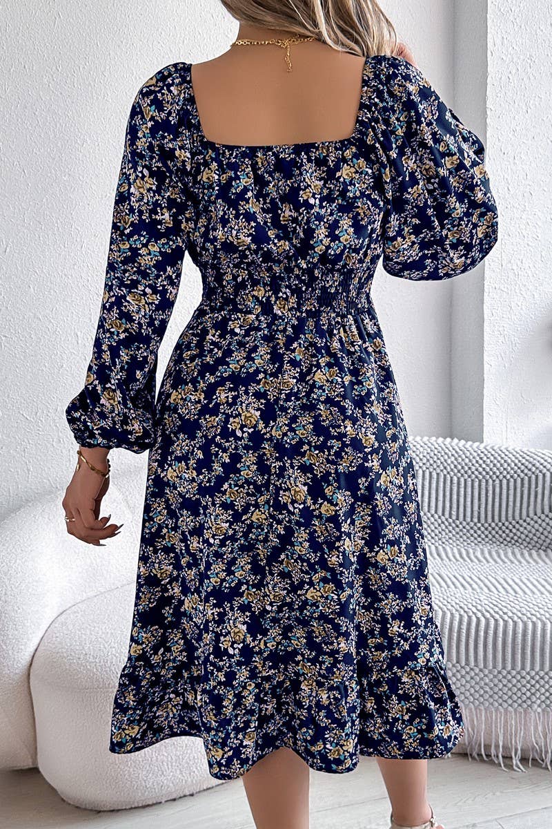 CWDMD6025_FLORAL SQUARE NECK LONG SLEEVE RUFFLE DRESS