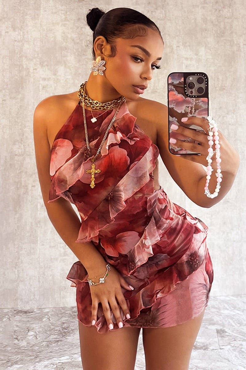 CWDSD10502_HALTER NECK RUFFLE TRIM BODYCON DRESS