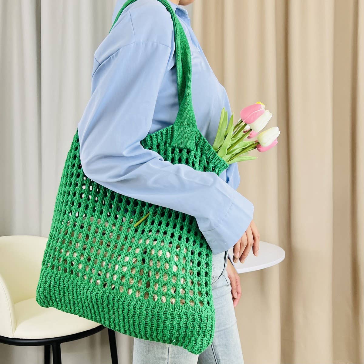 CWAB5059_SOLID COLOR HOLLOW BAG SINGLE SHOULDER WOVEN BAG