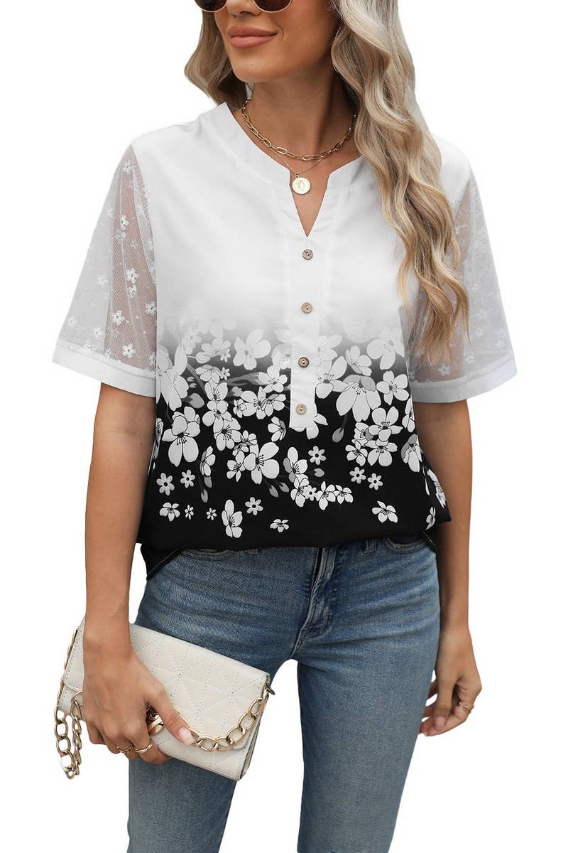 CWTBLS1706_V-NECK PRINTED CHIFFON SHORT-SLEEVED TOP