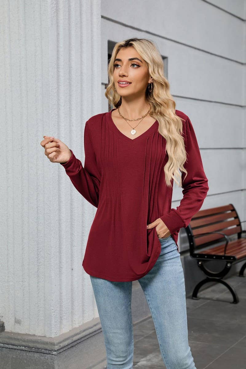 CWTBLL01306_V NECK RIBBED SOLID LONG SLEEVE CASUAL TEE