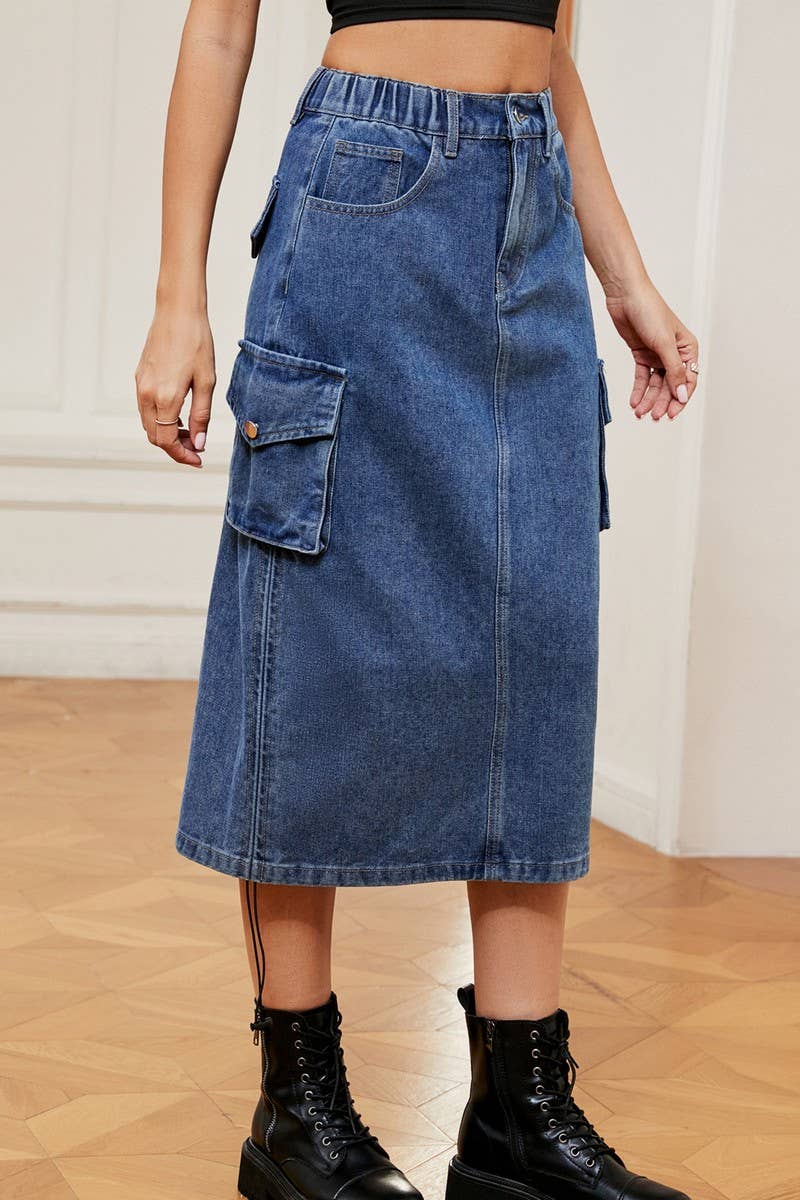 CWJSK00226_DRAWSTRING CASUAL POCKET DENIM SKIRT
