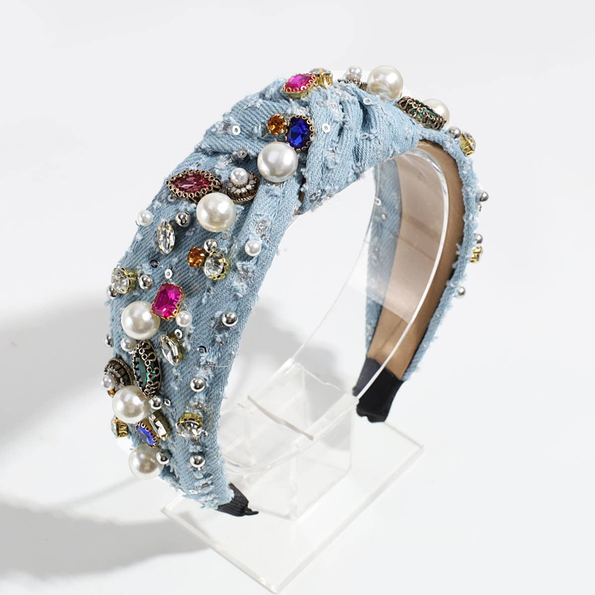 KNOTTED DENIM HEADBAND WITH COLORFUL RHINESTONES